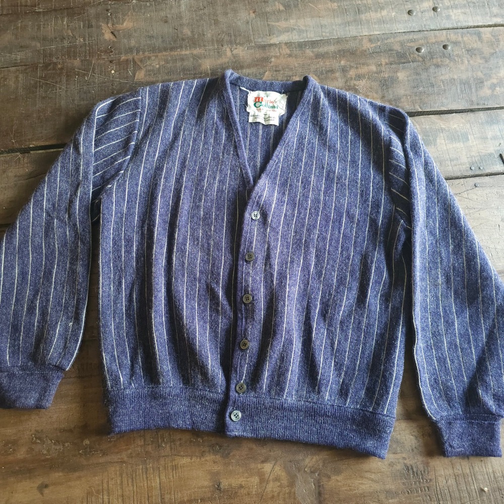 Vintage Mario Cellini Mohair Blend Pinstripe Cardigan Sweater Blue Mens 1960s